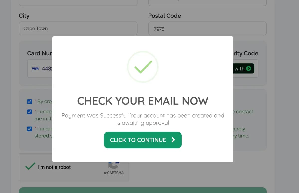 Brilliant Directories confirmation showing a successful payment and a new member account awaiting approval