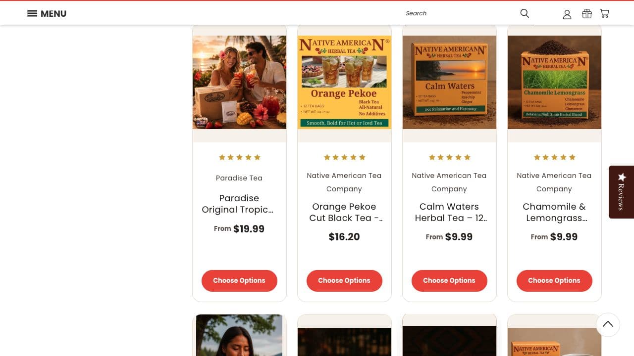 CoffeeUSA tea category cards showing readable prices, gold rating stars and visible Choose Options buttons