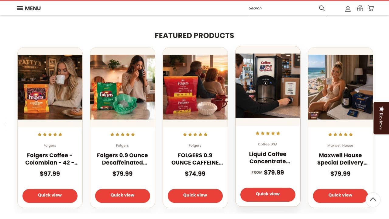 CoffeeUSA Featured Products carousel with consistent image areas, bold titles, larger prices and visible Quick View buttons