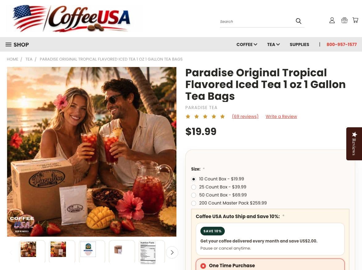 CoffeeUSA Paradise iced tea product page with gold review stars and a clearly grouped purchase area