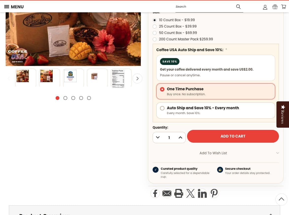 CoffeeUSA purchase area showing separate one-time and subscription cards above the quantity selector and Add to Cart button