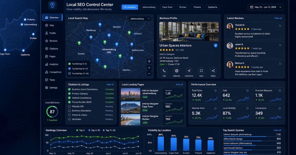 Local SEO strategy dashboard for South African small businesses with Google Maps, reviews, citations, and local landing pages