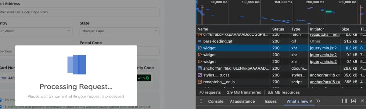 Browser Network panel showing three widget requests returning HTTP 200 while the Brilliant Directories processing modal remains open