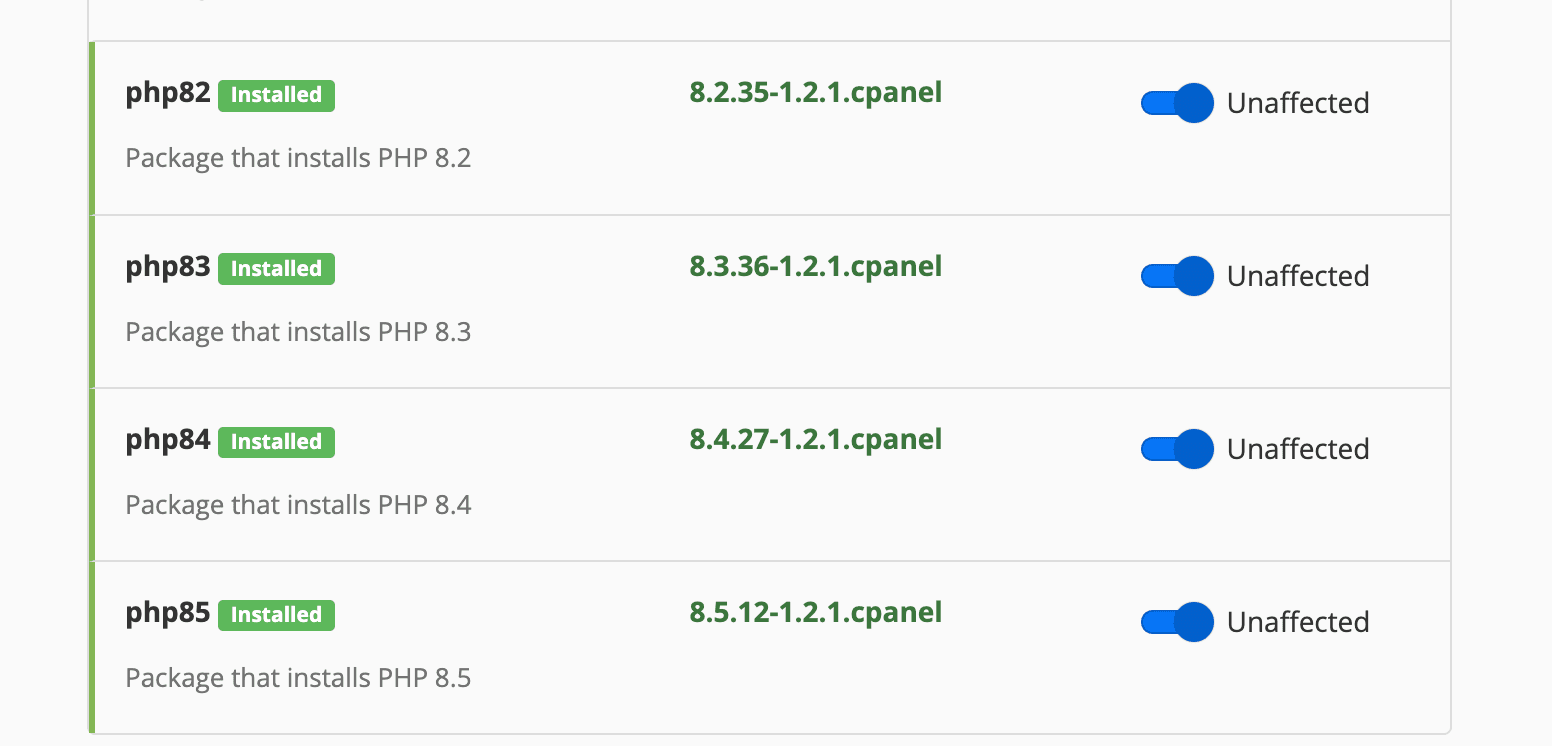 EasyApache 4 showing installed PHP 8.2.35, 8.3.36, 8.4.27 and 8.5.12 package builds