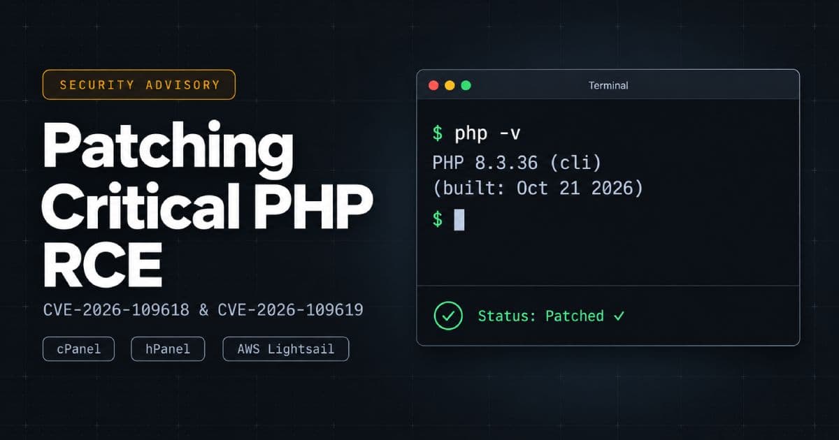 PHP Security Update: Patch. Restart. Verify. A server stack protected by a cyan shield and check mark.