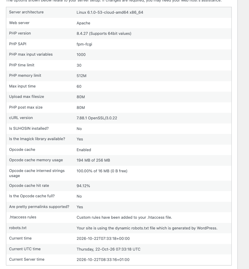 WordPress Site Health Server panel showing PHP 8.4.27 and the fpm-fcgi SAPI