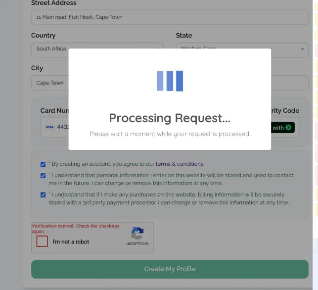 Brilliant Directories paid signup form with a loading modal stuck on Processing Request