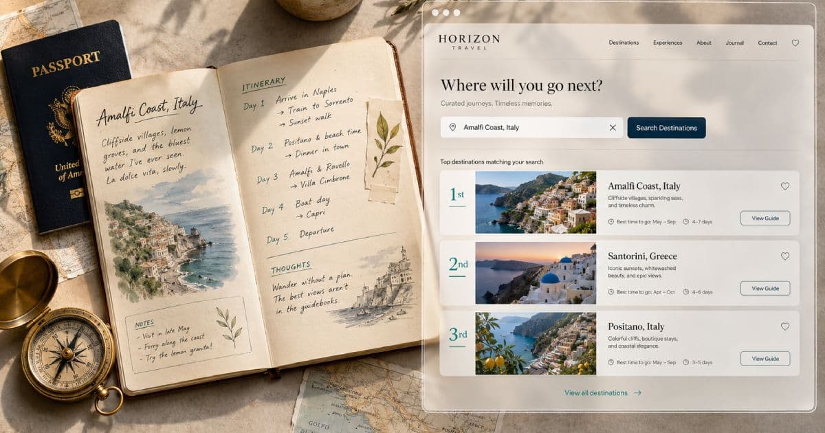 Travel agency SEO — destination pages and search rankings shown alongside a travel journal and compass