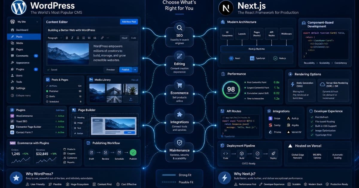 WordPress versus Next.js comparison dashboard for business website planning