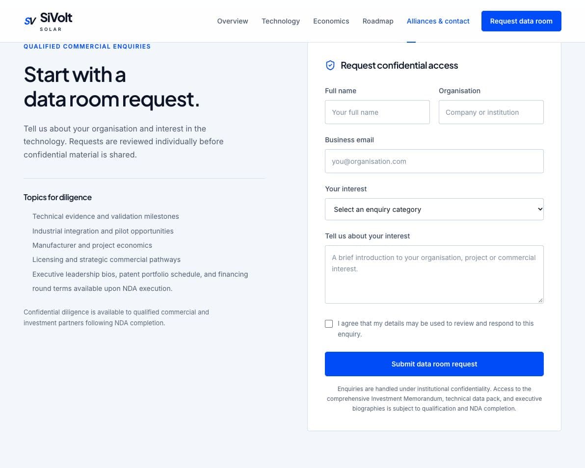 SiVolt Solar’s data room request section with organisation fields, enquiry categories and a clear explanation of the review process