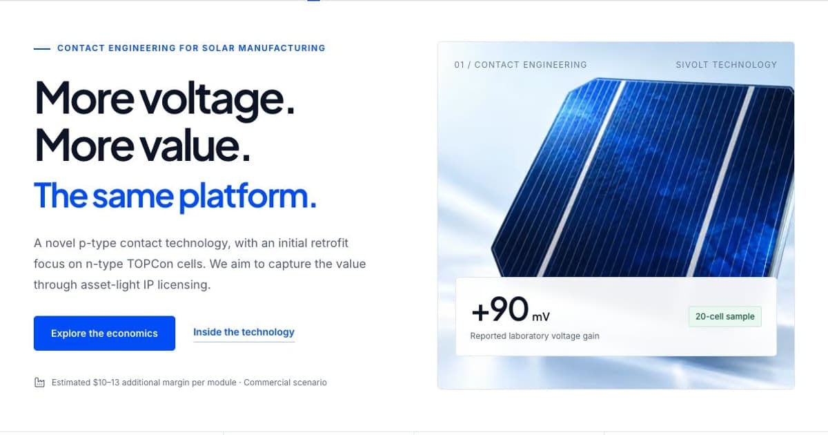 SiVolt Solar homepage showing its solar contact technology, commercial proposition and reported laboratory voltage gain