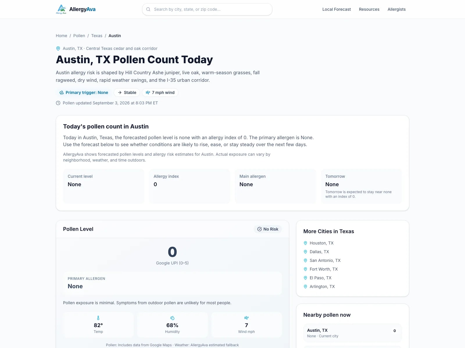 Desktop preview of an AllergyAva city pollen forecast showing local conditions and allergen results for Austin, Texas