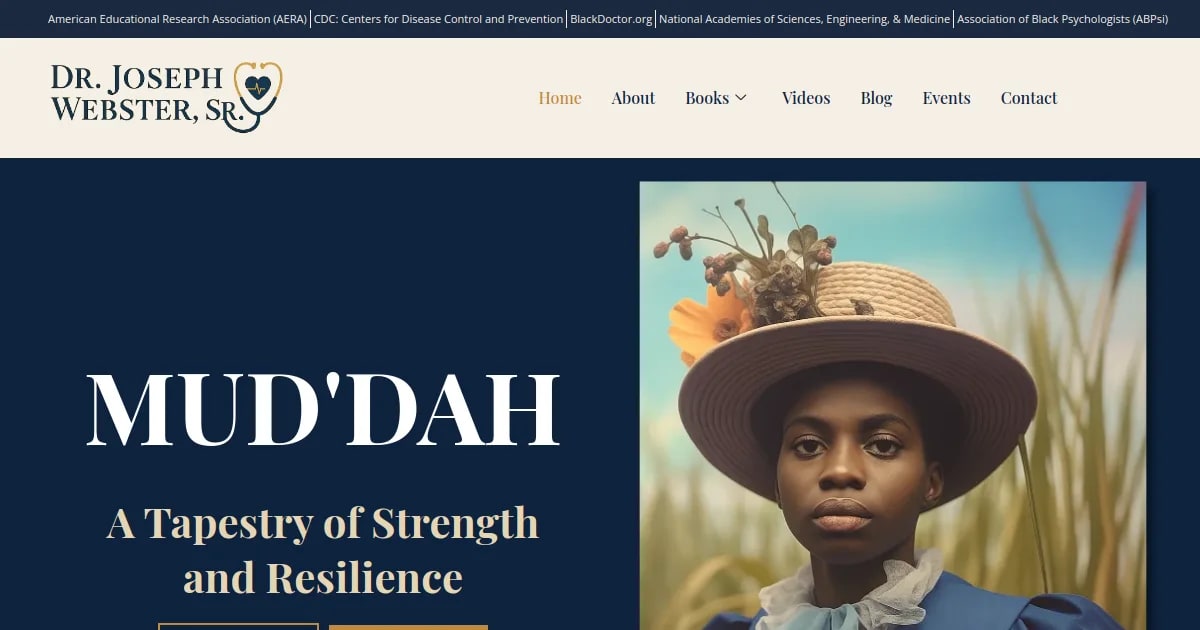 Desktop preview of the Dr Joseph Webster author website and its MUD’DAH book presentation