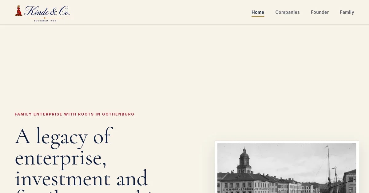 Desktop preview of the Kinde and Co family enterprise and company history website