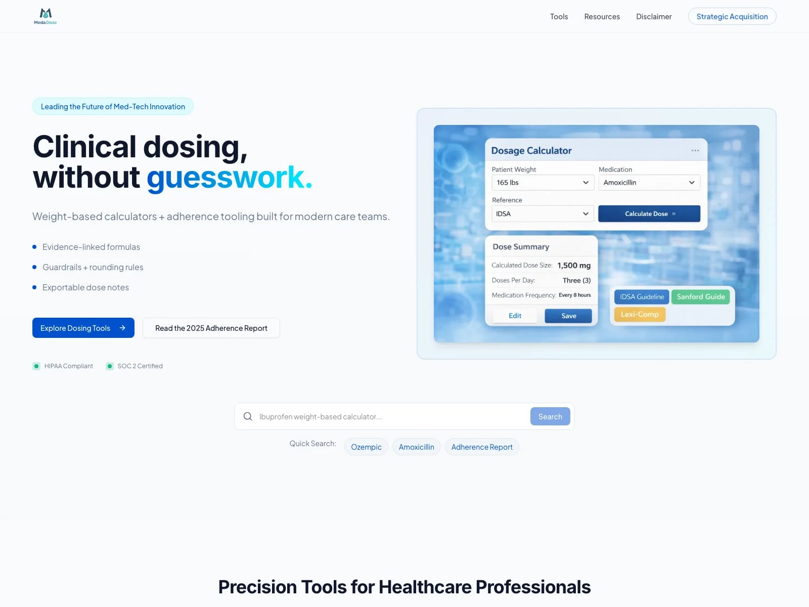 Desktop preview of the MedaDose digital healthcare platform showing its clinical dosing calculator interface